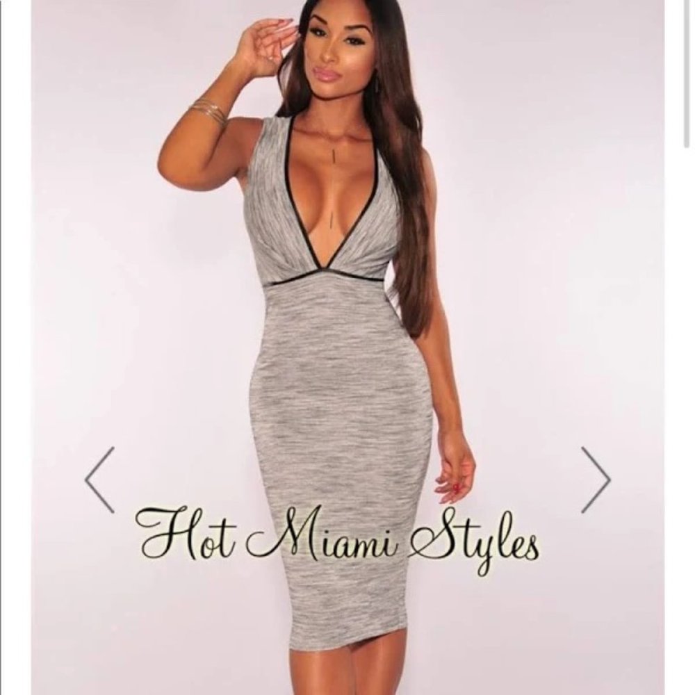 NWOT Hot Miami Styles Dresses | Grey Marled V Neckline Dress W Leather Trim- M